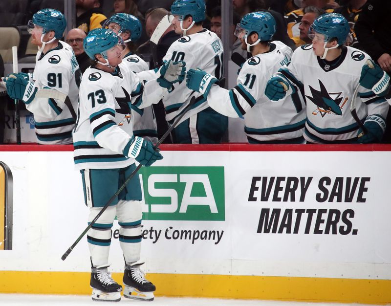 Nov 16, 2024; Pittsburgh, Pennsylvania, USA;  San Jose Sharks center Tyler Toffoli (73) celebrates his second goal of the game with the San Jose bench against the Pittsburgh Penguins during the third period at PPG Paints Arena. Mandatory Credit: Charles LeClaire-Imagn Images