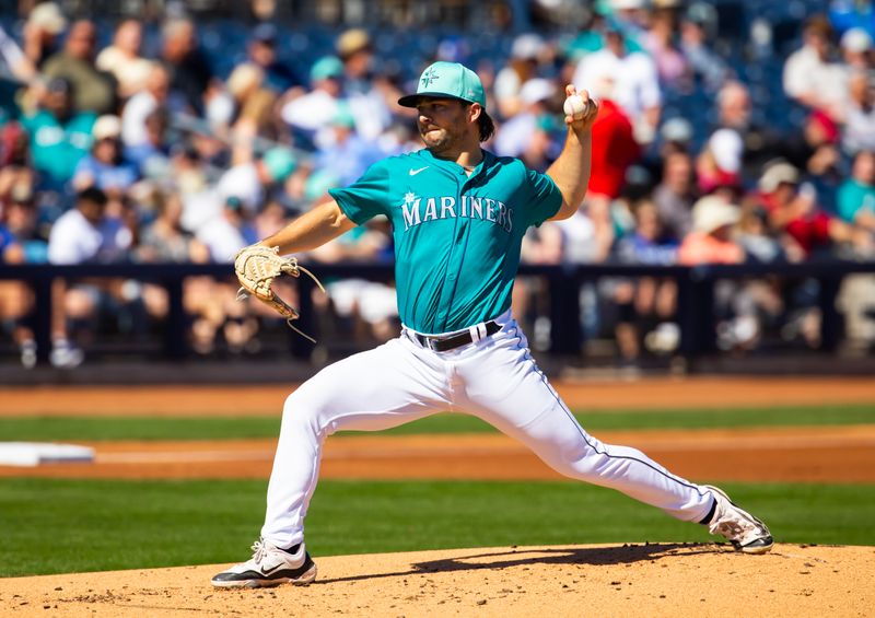 Mar 5, 2024; Peoria, Arizona, USA; Seattle Mariners pitcher Peyton Alford against the Texas Rangers during a spring training baseball game at Peoria Sports Complex. Mandatory Credit: Mark J. Rebilas-USA TODAY Sports