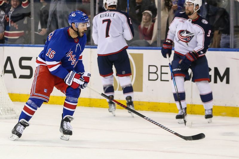 Nov 12, 2023; New York, New York, USA;  New York Rangers center Vincent Trocheck (16) celebrates in third period after a game tying goal was scored against the Columbus Blue Jackets at Madison Square Garden. Mandatory Credit: Wendell Cruz-USA TODAY Sports