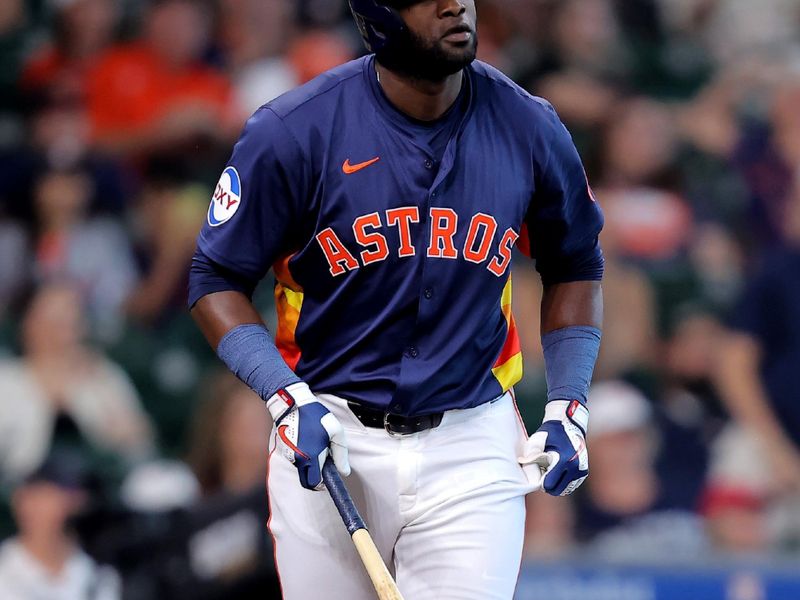 Jun 1, 2024; Houston, Texas, USA; Houston Astros designated hitter Yordan Alvarez (44) reacts after hitting a two-run home run against the Minnesota Twins during the first inning at Minute Maid Park. Mandatory Credit: Erik Williams-USA TODAY Sports