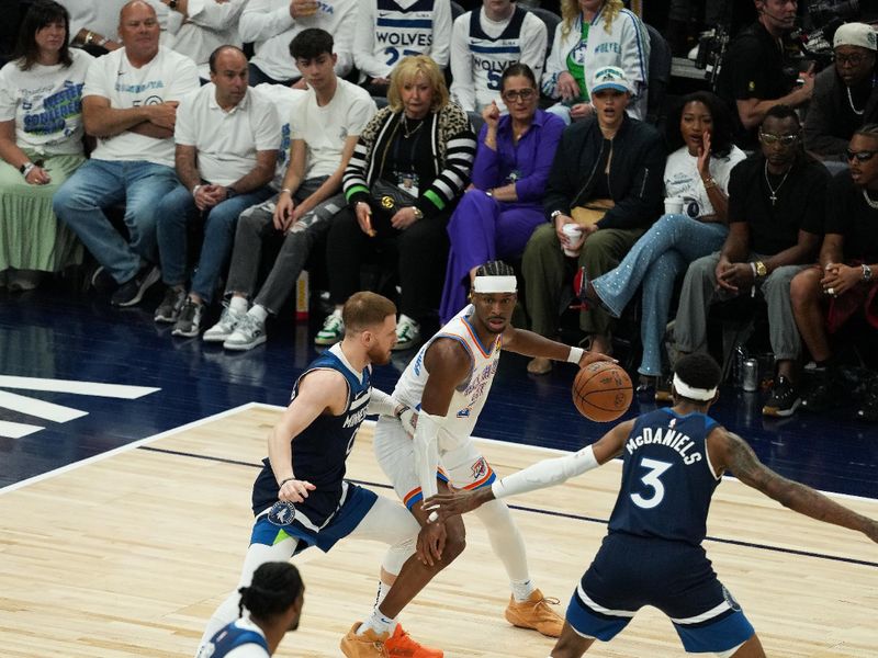 MINNEAPOLIS, MN -  MAY 26: Shai Gilgeous-Alexander #2 of the Oklahoma City Thunder handles the ball during the game against the Minnesota Timberwolves during Game Three of the Western Conference Finals on May 26, 2025 at Target Center in Minneapolis, Minnesota. NOTE TO USER: User expressly acknowledges and agrees that, by downloading and or using this Photograph, user is consenting to the terms and conditions of the Getty Images License Agreement. Mandatory Copyright Notice: Copyright 2025 NBAE (Photo by Jordan Johnson/NBAE via Getty Images)