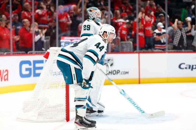 Oct 29, 2023; Washington, District of Columbia, USA; San Jose Sharks defenseman Marc-Edouard Vlasic (44) and San Jose Sharks goaltender Mackenzie Blackwood (29) react after a goal scored by Washington Capitals right wing Tom Wilson (not pictured) during the third period at Capital One Arena. Mandatory Credit: Amber Searls-USA TODAY Sports