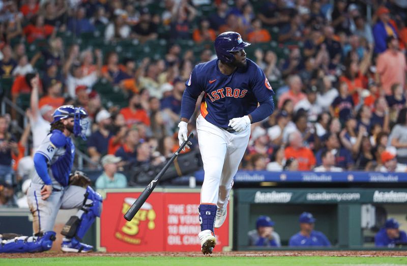 Sep 24, 2023; Houston, Texas, USA; Houston Astros left fielder Yordan Alvarez (44) hits a home run during the fifth inning against the Kansas City Royals at Minute Maid Park. Mandatory Credit: Troy Taormina-USA TODAY Sports