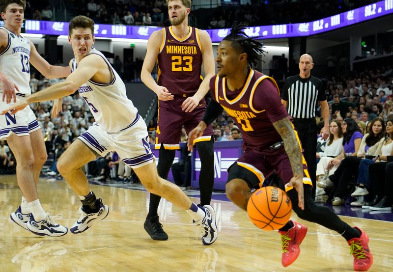 Mar 9, 2024; Evanston, Illinois, USA; Minnesota Golden Gophers guard Elijah Hawkins (0) drives on Northwestern Wildcats guard Ryan Langborg (5) during the first half at Welsh-Ryan Arena. Mandatory Credit: David Banks-USA TODAY Sports