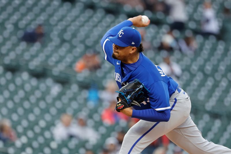 Sep 28, 2023; Detroit, Michigan, USA; Kansas City Royals relief pitcher Carlos Hernandez (43) pitches in the seventh inning against the Detroit Tigers at Comerica Park. Mandatory Credit: Rick Osentoski-USA TODAY Sports