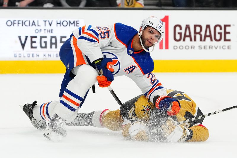 Feb 6, 2024; Las Vegas, Nevada, USA; Edmonton Oilers defenseman Darnell Nurse (25) takes down Vegas Golden Knights center Paul Cotter (43) during the first period at T-Mobile Arena. Mandatory Credit: Stephen R. Sylvanie-USA TODAY Sports