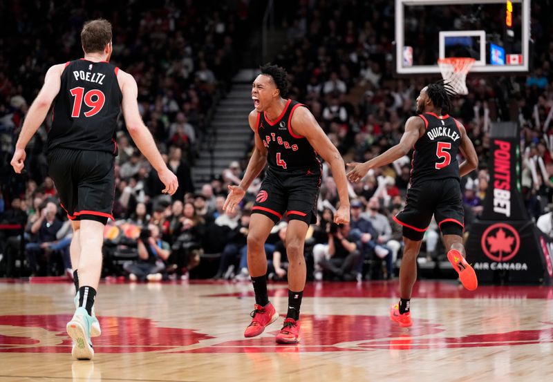 TORONTO, ON - FEBRUARY 10: Scottie Barnes #4 of the Toronto Raptors celebrates with Jakob Poeltl #19 and Immanuel Quickley #5 against the Cleveland Cavaliers during the second half of their basketball game at the Scotiabank Arena on February 10, 2024 in Toronto, Ontario, Canada. NOTE TO USER: User expressly acknowledges and agrees that, by downloading and/or using this Photograph, user is consenting to the terms and conditions of the Getty Images License Agreement. (Photo by Mark Blinch/Getty Images)