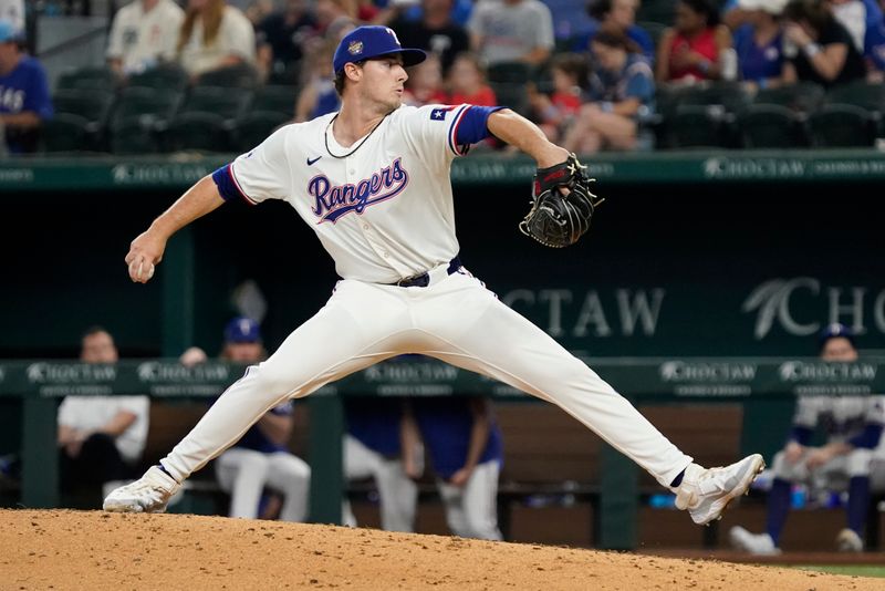 Apr 25, 2024; Arlington, Texas, USA; Texas Rangers pitcher Cole Winn (60) throws to the plate during the seventh inning Seattle Mariners at Globe Life Field. Mandatory Credit: Raymond Carlin III-USA TODAY Sports