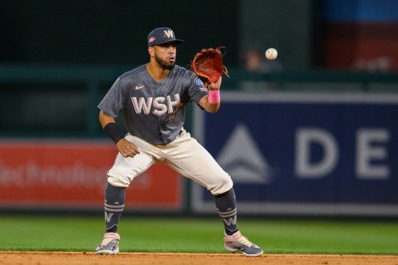 Sep 8, 2023; Washington, District of Columbia, USA; Washington Nationals second baseman Luis Garcia (2) fields a ground ball during the second inning against the Los Angeles Dodgers at Nationals Park. Mandatory Credit: Reggie Hildred-USA TODAY Sports