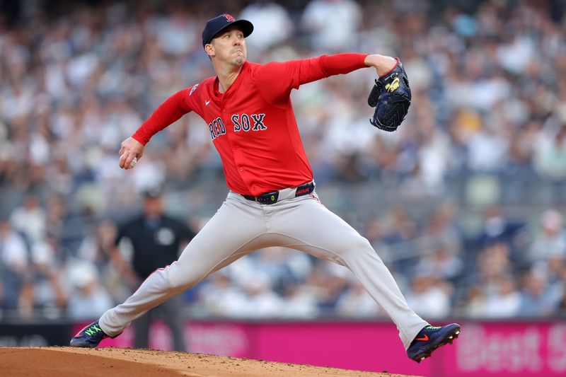 Jun 6, 2025; Bronx, New York, USA; Boston Red Sox starting pitcher Walker Buehler (0) pitches against the New York Yankees during the first inning at Yankee Stadium. Mandatory Credit: Brad Penner-Imagn Images