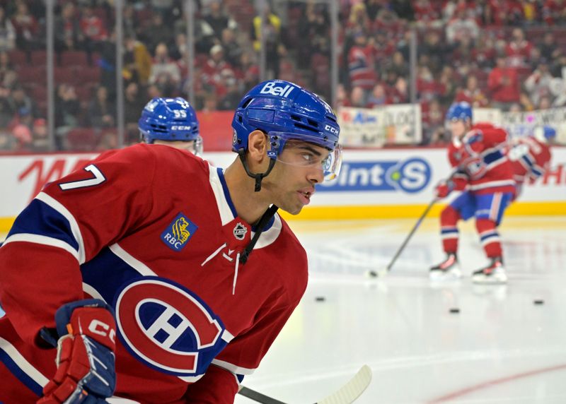 Apr 5, 2025; Montreal, Quebec, CAN; Montreal Canadiens defenseman Jayden Struble (47) skates during the warmup period before the game against the Philadelphia Flyers at the Bell Centre. Mandatory Credit: Eric Bolte-Imagn Images
