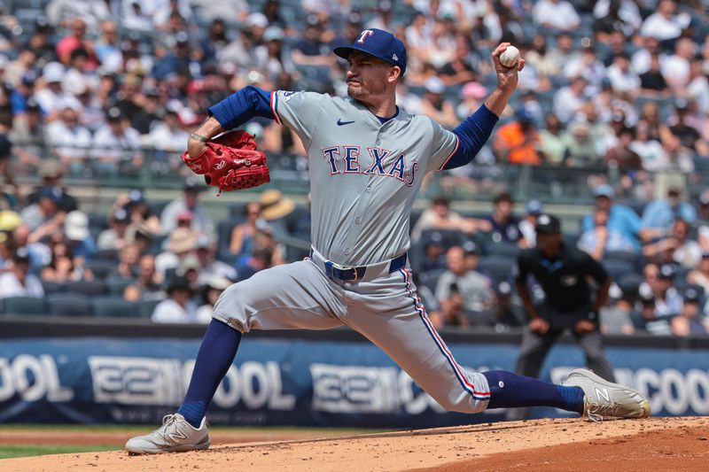 Aug 11, 2024; Bronx, New York, USA; Texas Rangers starting pitcher Andrew Heaney (44) delivers a pitch during the first inning against the New York Yankees at Yankee Stadium. Mandatory Credit: Vincent Carchietta-USA TODAY Sports