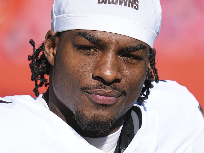 Cleveland Browns wide receiver James Proche II (11) prior to the game against the Denver Broncos of an NFL football game Sunday November 26, 2023, in Denver. (AP Photo/Bart Young)