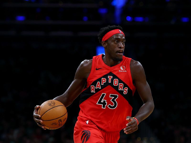 BOSTON, MASSACHUSETTS - NOVEMBER 11: Pascal Siakam #43 of the Toronto Raptors dribbles against the Boston Celtics during the second half at TD Garden on November 11, 2023 in Boston, Massachusetts. The Celtics defeat the 117-94. NOTE TO USER: User expressly acknowledges and agrees that, by downloading and or using this photograph, User is consenting to the terms and conditions of the Getty Images License Agreement.  (Photo by Maddie Meyer/Getty Images)