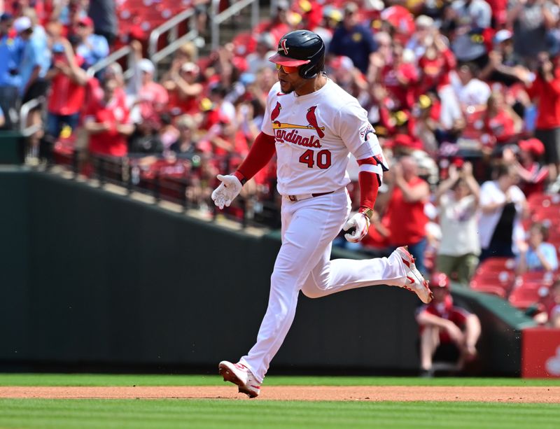 Apr 13, 2025; St. Louis, Missouri, USA; St. Louis Cardinals first baseman Willson Contreras (40) rounds second base after hitting a two-run home run in the fourth inning against the Philadelphia Phillies at Busch Stadium. Mandatory Credit: Tim Vizer-Imagn Images