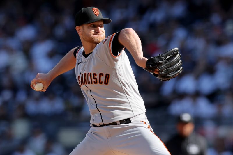 Apr 1, 2023; Bronx, New York, USA; San Francisco Giants starting pitcher Alex Cobb (38) pitches against the New York Yankees during the first inning at Yankee Stadium. Mandatory Credit: Brad Penner-USA TODAY Sports