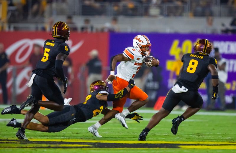 Sep 9, 2023; Tempe, Arizona, USA; Oklahoma State Cowboys running back Jaden Nixon (3) against the Arizona State Sun Devils in the first half at Mountain America Stadium. Mandatory Credit: Mark J. Rebilas-USA TODAY Sports