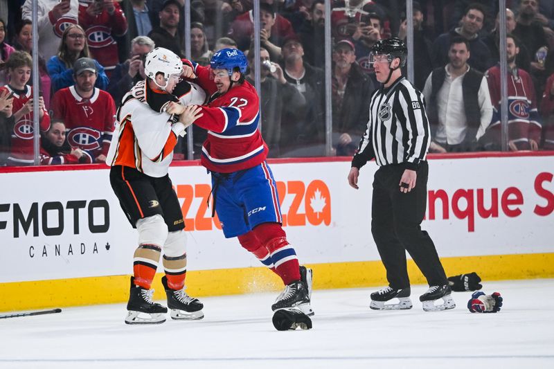 Feb 13, 2024; Montreal, Quebec, CAN; Montreal Canadiens defenseman Arber Xhekaj (72) fights with Anaheim Ducks left wing Ross Johnston (44) during the second period at Bell Centre. Mandatory Credit: David Kirouac-USA TODAY Sports