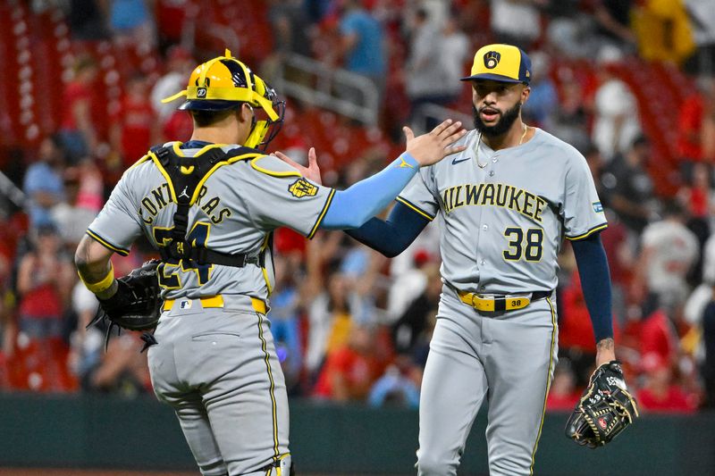 Aug 20, 2024; St. Louis, Missouri, USA;  Milwaukee Brewers relief pitcher Devin Williams (38) celebrates with catcher William Contreras (24) after the Brewers defeated the St. Louis Cardinals at Busch Stadium. Mandatory Credit: Jeff Curry-USA TODAY Sports