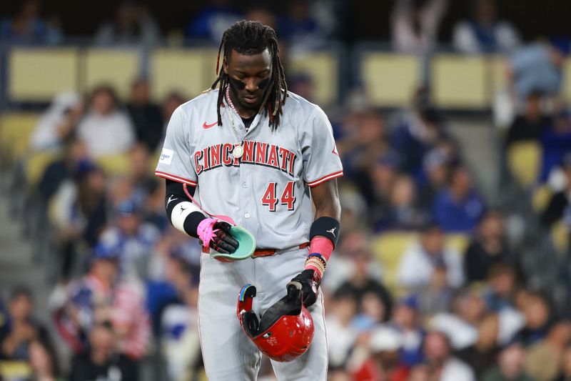 May 17, 2024; Los Angeles, California, USA;  Cincinnati Reds shortstop Elly De La Cruz (44) reacts after striking out during the eighth inning against the Los Angeles Dodgers at Dodger Stadium. Mandatory Credit: Kiyoshi Mio-USA TODAY Sports