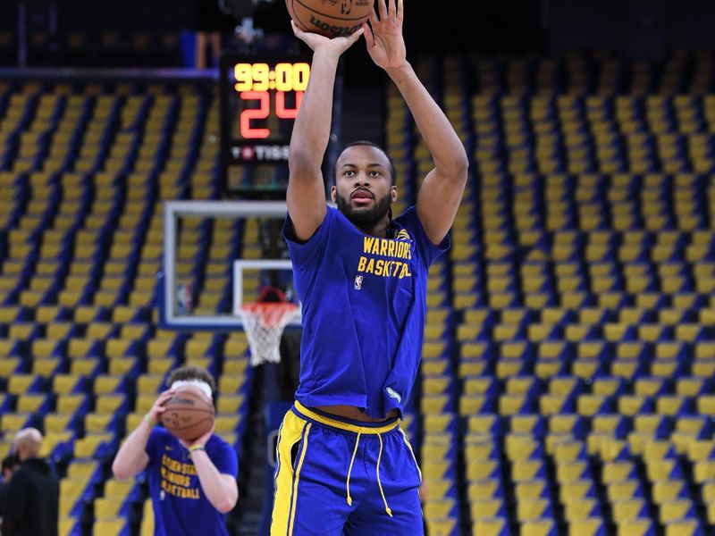 SAN FRANCISCO, CA - MARCH 18: Moses Moody #4 of the Golden State Warriors warms up before the game against the New York Knicks on MARCH 18, 2024 at Chase Center in San Francisco, California. NOTE TO USER: User expressly acknowledges and agrees that, by downloading and or using this photograph, user is consenting to the terms and conditions of Getty Images License Agreement. Mandatory Copyright Notice: Copyright 2024 NBAE (Photo by Noah Graham/NBAE via Getty Images)