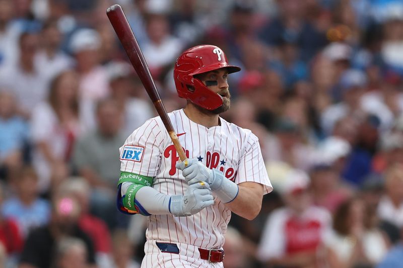 Aug 3, 2025; Philadelphia, Pennsylvania, USA; Philadelphia Phillies first base Bryce Harper (3) hits a double against the Detroit Tigers during the first inning at Citizens Bank Park. Mandatory Credit: Bill Streicher-Imagn Images