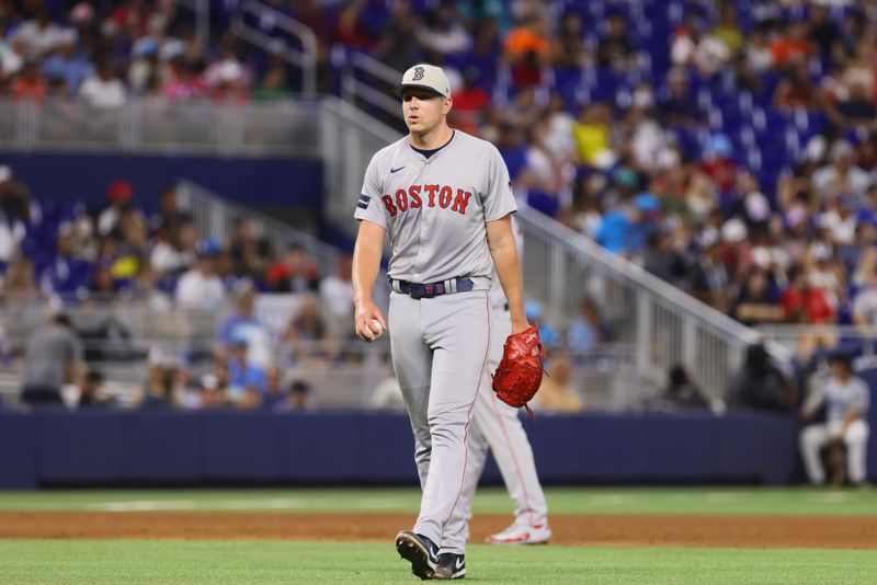 Jul 4, 2024; Miami, Florida, USA; Boston Red Sox starting pitcher Nick Pivetta (37) looks on against the Miami Marlins during the sixth inning at loanDepot Park. Mandatory Credit: Sam Navarro-USA TODAY Sports