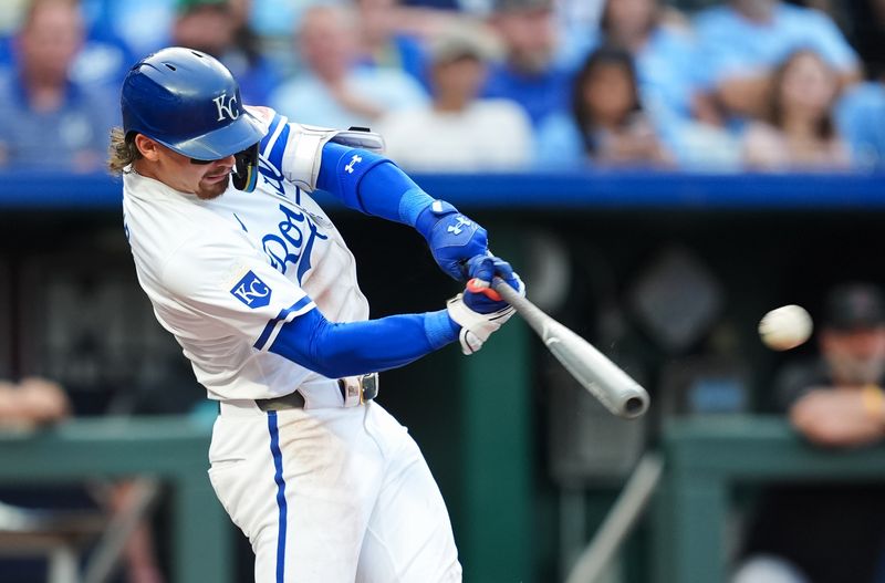 Jul 23, 2024; Kansas City, Missouri, USA; Kansas City Royals shortstop Bobby Witt Jr. (7) hits an RBI double during the first inning against the Arizona Diamondbacks at Kauffman Stadium. Mandatory Credit: Jay Biggerstaff-USA TODAY Sports