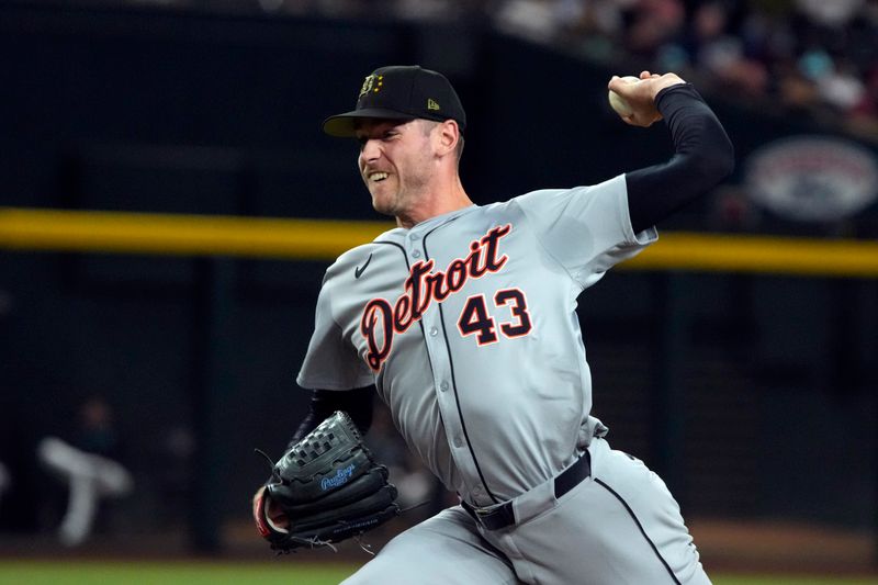 May 17, 2024; Phoenix, Arizona, USA; Detroit Tigers pitcher Joey Wentz (43) throws against the Arizona Diamondbacks in the ninth inning at Chase Field. Mandatory Credit: Rick Scuteri-USA TODAY Sports