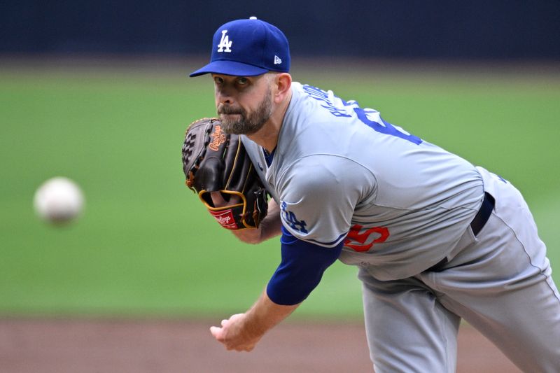 May 11, 2024; San Diego, California, USA; Los Angeles Dodgers starting pitcher James Paxton (65) throws a pitch against the San Diego Padres during the first inning at Petco Park. Mandatory Credit: Orlando Ramirez-USA TODAY Sports