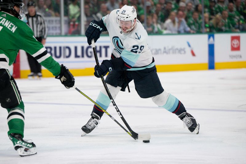 May 15, 2023; Dallas, Texas, USA; Dallas Stars defenseman Miro Heiskanen (4) blocks a shot by Seattle Kraken defenseman Vince Dunn (29) during the third period in game seven of the second round of the 2023 Stanley Cup Playoffs at the American Airlines Center. Mandatory Credit: Jerome Miron-USA TODAY Sports