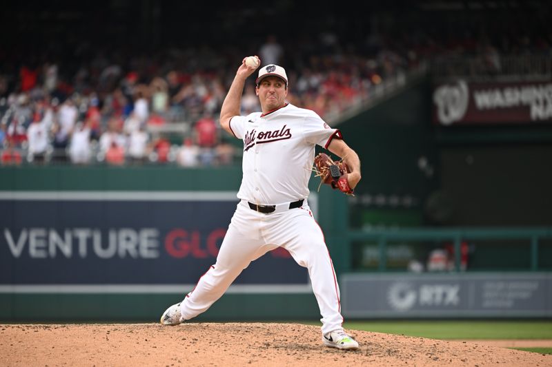 Jul 4, 2024; Washington, District of Columbia, USA; Washington Nationals relief pitcher Derek Law (58) throws a pitch against the New York Mets during the ninth inning at Nationals Park. Mandatory Credit: Rafael Suanes-USA TODAY Sports