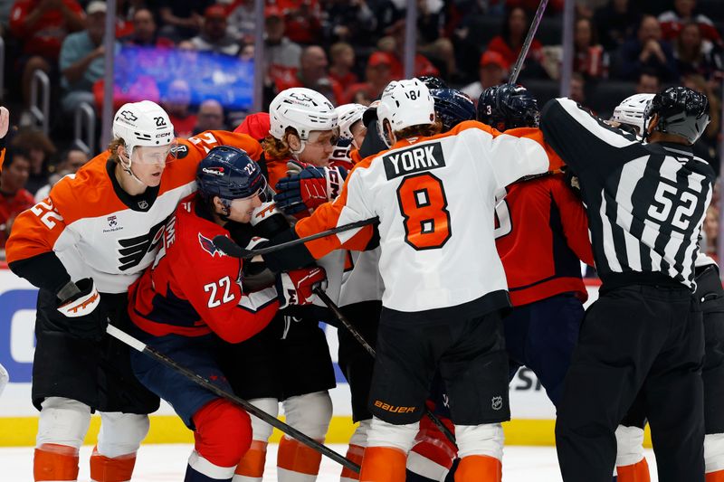 Mar 31, 2026; Washington, District of Columbia, USA; Washington Capitals and Philadelphia Flyers players scrum during the first period at Capital One Arena. Mandatory Credit: Geoff Burke-Imagn Images Mar 31, 2026; Washington, District of Columbia, USA; Washington Capitals and Philadelphia Flyers players scrum during the first period at Capital One Arena. Mandatory Credit: Geoff Burke-Imagn Images