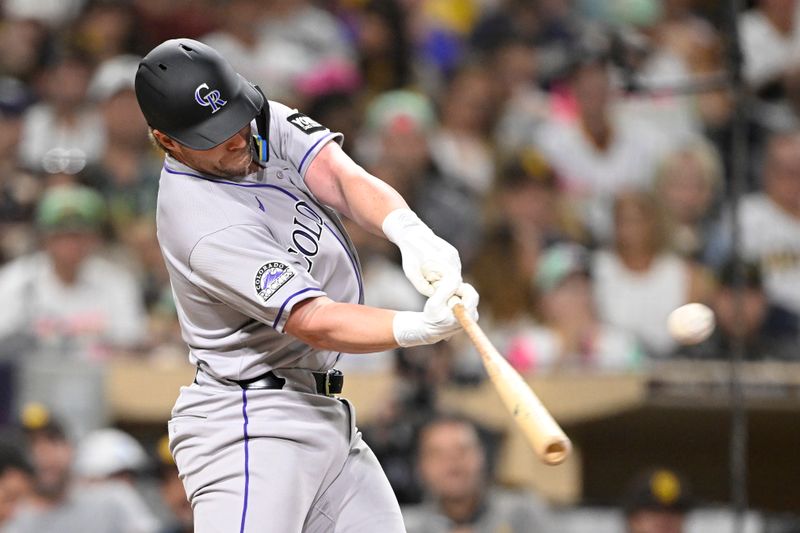 Sep 12, 2025; San Diego, California, USA; Colorado Rockies first baseman Blaine Crim (16) hits a three-run home run during the fourth inning against the San Diego Padres at Petco Park. Mandatory Credit: Denis Poroy-Imagn Images
