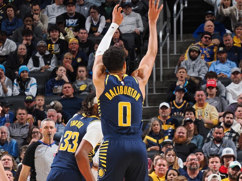 INDIANAPOLIS, IN - FEBRUARY 24:  Tyrese Haliburton #0 of the Indiana Pacers shoots the ball during the game against the Denver Nuggets on February 24, 2025 at Gainbridge Fieldhouse in Indianapolis, Indiana. NOTE TO USER: User expressly acknowledges and agrees that, by downloading and or using this Photograph, user is consenting to the terms and conditions of the Getty Images License Agreement. Mandatory Copyright Notice: Copyright 2025 NBAE (Photo by Ron Hoskins/NBAE via Getty Images)