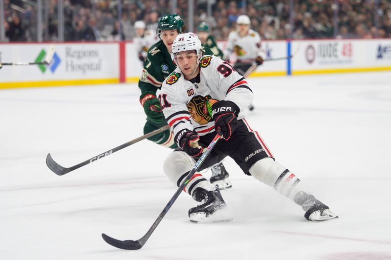Mar 19, 2026; Saint Paul, Minnesota, USA; Chicago Blackhawks center Frank Nazar (91) skates to the Minnesota Wild net in the first period at Grand Casino Arena. Mandatory Credit: Matt Blewett-Imagn Images Mar 19, 2026; Saint Paul, Minnesota, USA; Chicago Blackhawks center Frank Nazar (91) skates to the Minnesota Wild net in the first period at Grand Casino Arena. Mandatory Credit: Matt Blewett-Imagn Images