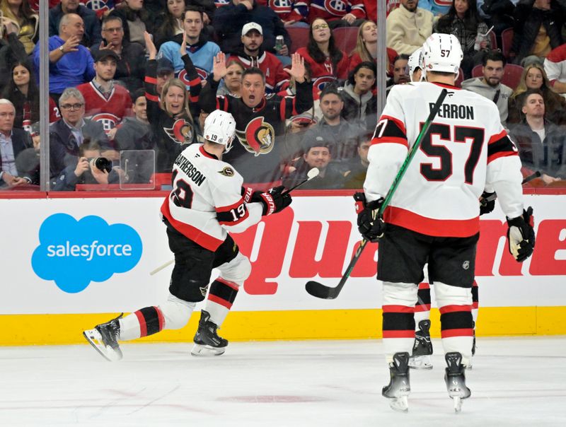 Mar 18, 2025; Montreal, Quebec, CAN; Ottawa Senators forward Drake Batherson (19) celebrates after scoring a goal against the Montreal Canadiens during the first period at the Bell Centre. Mandatory Credit: Eric Bolte-Imagn Images