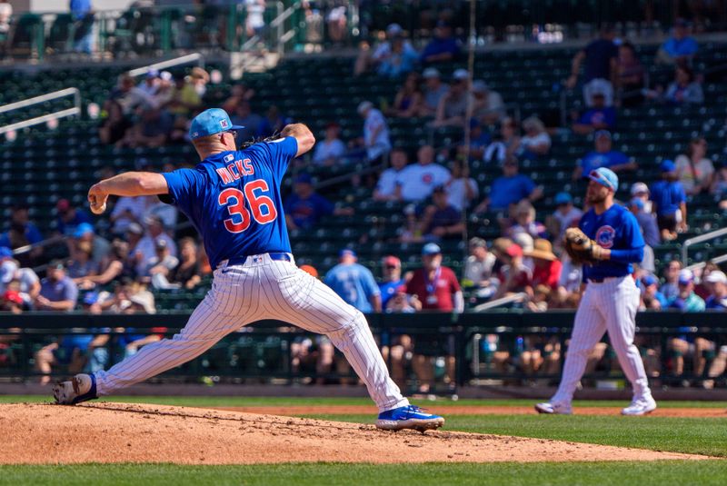 Feb 27, 2025; Mesa, Arizona, USA; Chicago Cubs pitcher Jordan Wicks (36) on the mound in the third during a spring training game against the Los Angeles Angels at Sloan Park. Mandatory Credit: Allan Henry-Imagn Images