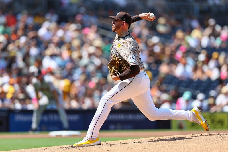 Sep 8, 2024; San Diego, California, USA; San Diego Padres starting pitcher Joe Musgrove (44) throws during the second inning against the San Francisco Giants at Petco Park. Mandatory Credit: Chadd Cady-Imagn Images