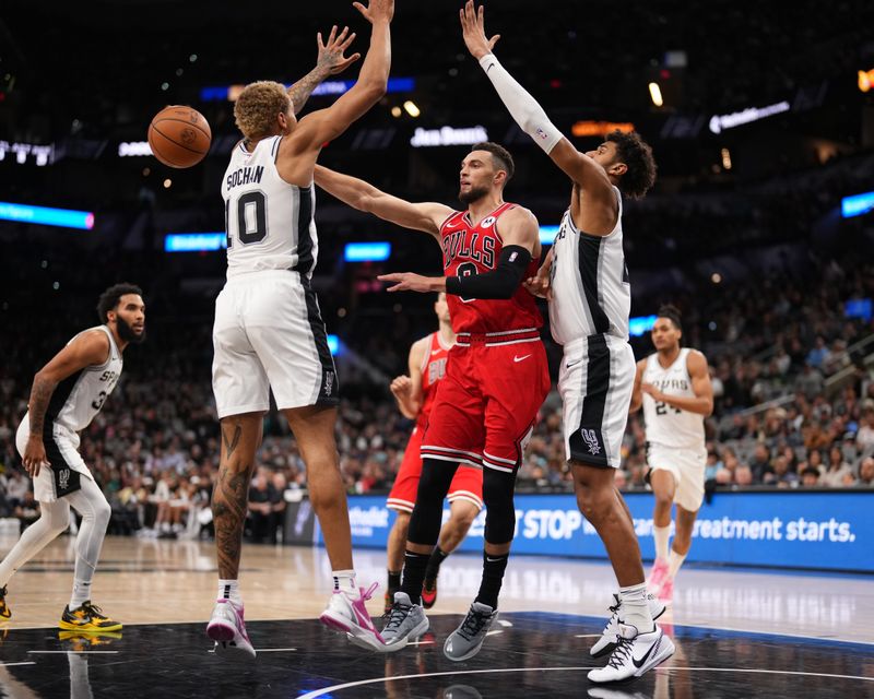 SAN ANTONIO, TX - JANUARY 13: Zach LaVine #8 of the Chicago Bulls passes the ball during the game against the San Antonio Spurs on January 13, 2024 at the Frost Bank Center in San Antonio, Texas. NOTE TO USER: User expressly acknowledges and agrees that, by downloading and or using this photograph, user is consenting to the terms and conditions of the Getty Images License Agreement. Mandatory Copyright Notice: Copyright 2024 NBAE (Photos by Darren Carroll/NBAE via Getty Images)