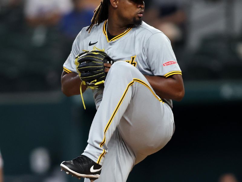 Aug 19, 2024; Arlington, Texas, USA; Pittsburgh Pirates pitcher Luis L. Ortiz (48) throws a pitch against the Texas Rangers in the first inning at Globe Life Field. Mandatory Credit: Tim Heitman-USA TODAY Sports
