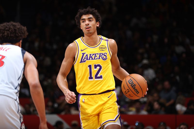 WASHINGTON, DC -? JANUARY 30:  Max Christie #12 of the Los Angeles Lakers dribbles the ball during the game against the Washington Wizards on January 30, 2025 at Capital One Arena in Washington, DC. NOTE TO USER: User expressly acknowledges and agrees that, by downloading and or using this Photograph, user is consenting to the terms and conditions of the Getty Images License Agreement. Mandatory Copyright Notice: Copyright 2025 NBAE (Photo by Stephen Gosling/NBAE via Getty Images)