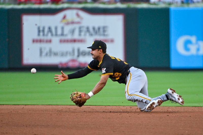 Jun 12, 2024; St. Louis, Missouri, USA;  Pittsburgh Pirates second baseman Nick Gonzales (39) flips to second base against the St. Louis Cardinals during the fourth inning at Busch Stadium. Mandatory Credit: Jeff Curry-USA TODAY Sports