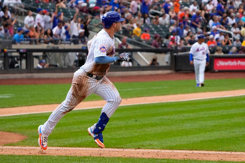 Aug 16, 2023; New York City, New York, USA; New York Mets first baseman Pete Alonso (20) watches his home run as he rounds the bases against the Pittsburgh Pirates during the seventh inning at Citi Field. Mandatory Credit: Gregory Fisher-USA TODAY Sports