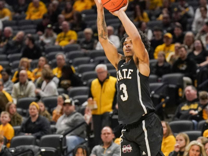 Feb 10, 2024; Columbia, Missouri, USA; Mississippi State Bulldogs guard Shakeel Moore (3) shoots a three point basket against the Mississippi State Bulldogs during the second half at Mizzou Arena. Mandatory Credit: Denny Medley-USA TODAY Sports