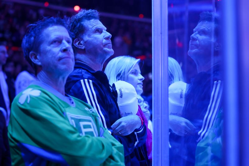 Dec 23, 2023; Los Angeles, California, USA; Will Ferrell looks on during the anthem before a game between the Los Angeles Kings and the Calgary Flames at Crypto.com Arena. Mandatory Credit: Jessica Alcheh-USA TODAY Sports