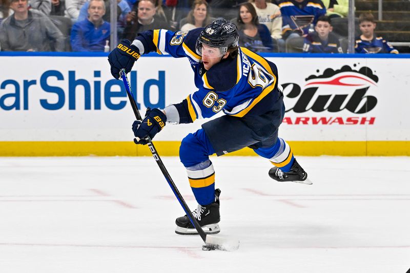 Feb 22, 2024; St. Louis, Missouri, USA;  St. Louis Blues left wing Jake Neighbours (63) shoots against the New York Islanders during the second period at Enterprise Center. Mandatory Credit: Jeff Curry-USA TODAY Sports