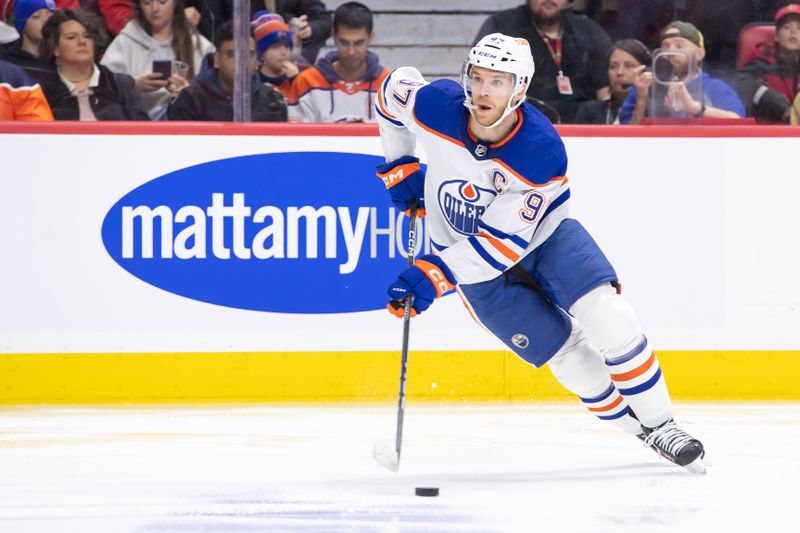 Mar 24, 2024; Ottawa, Ontario, CAN; Edmonton Oilers center Connor McDavid (97) skates with the puck in the second period against the Ottawa Senators at the Canadian Tire Centre. Mandatory Credit: Marc DesRosiers-USA TODAY Sports