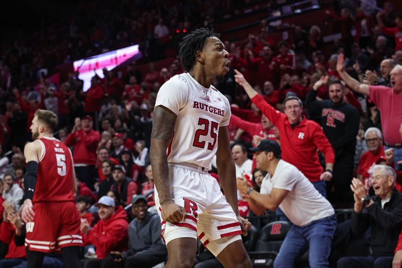 Feb 10, 2024; Piscataway, New Jersey, USA; Rutgers Scarlet Knights guard Jeremiah Williams (25) reacts after a basket against the Wisconsin Badgers during the first half at Jersey Mike's Arena. Mandatory Credit: Vincent Carchietta-USA TODAY Sports