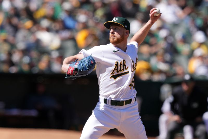 Apr 16, 2023; Oakland, California, USA; Oakland Athletics relief pitcher Richard Lovelady (45) throws a pitch against the New York Mets during the seventh inning at RingCentral Coliseum. Mandatory Credit: Darren Yamashita-USA TODAY Sports